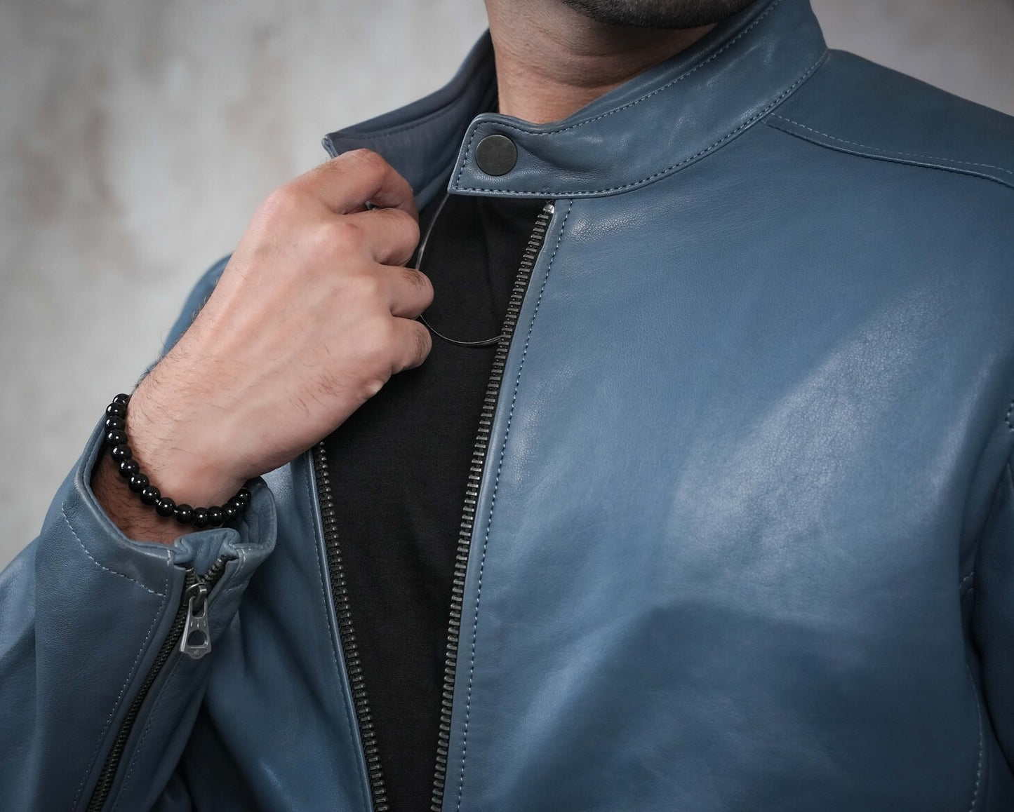 Steel Blue Leather Jacket