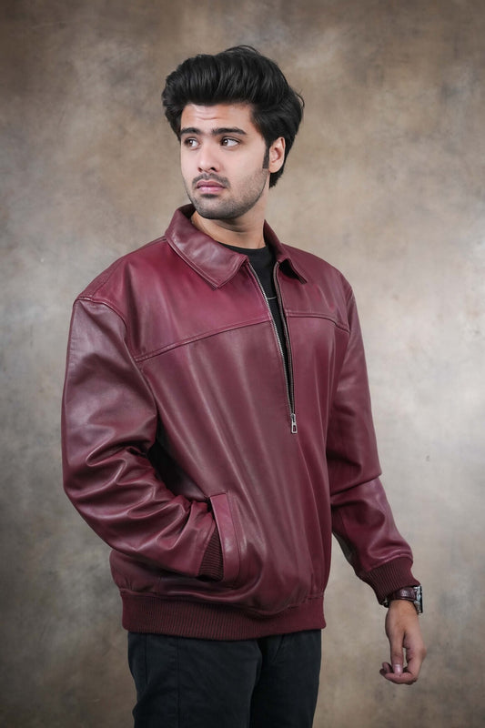 Maroon Classic Leather Bomber Jacket