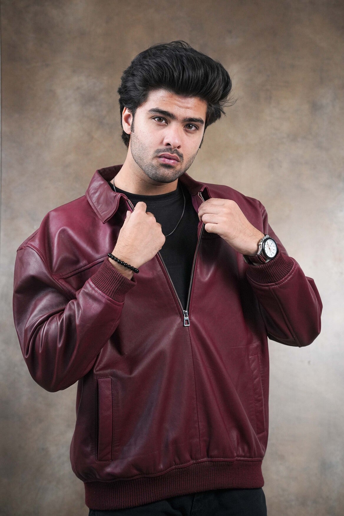 Maroon Classic Leather Bomber Jacket