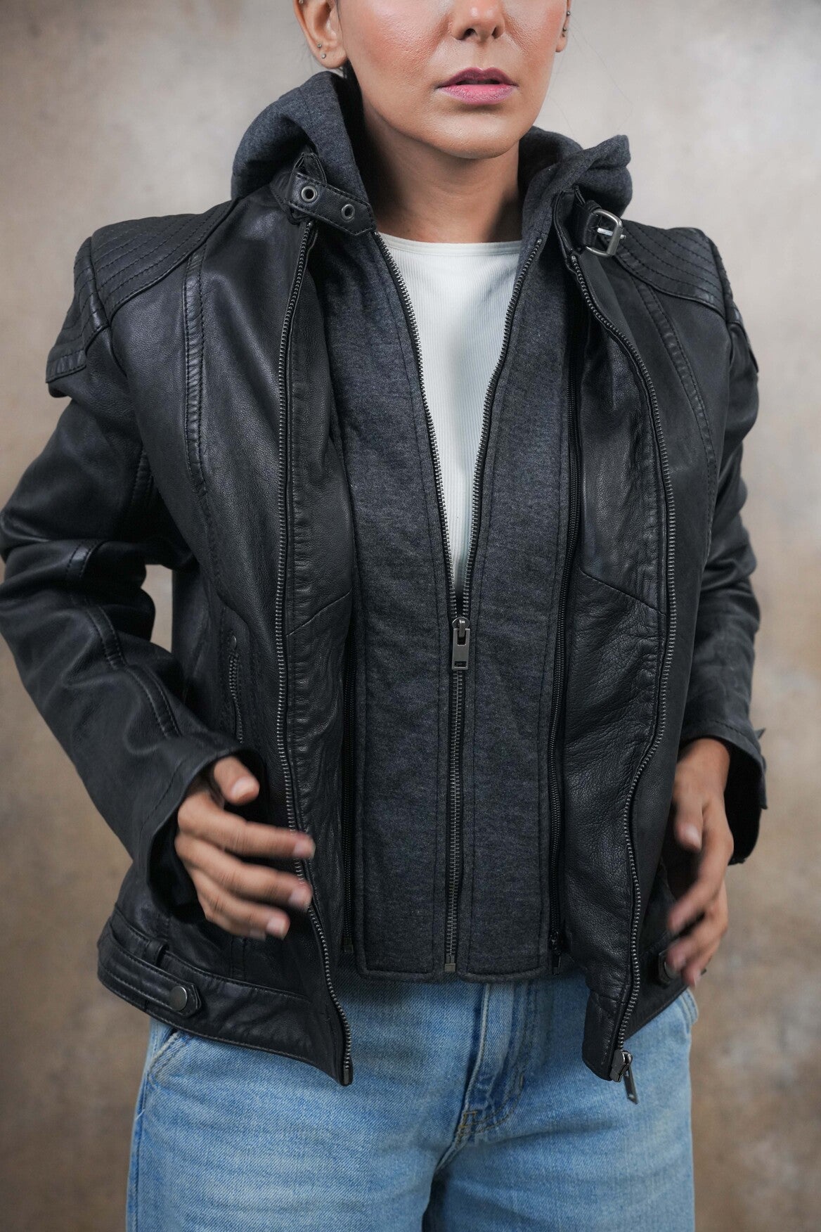 Dual Black Hooded Leather Jacket