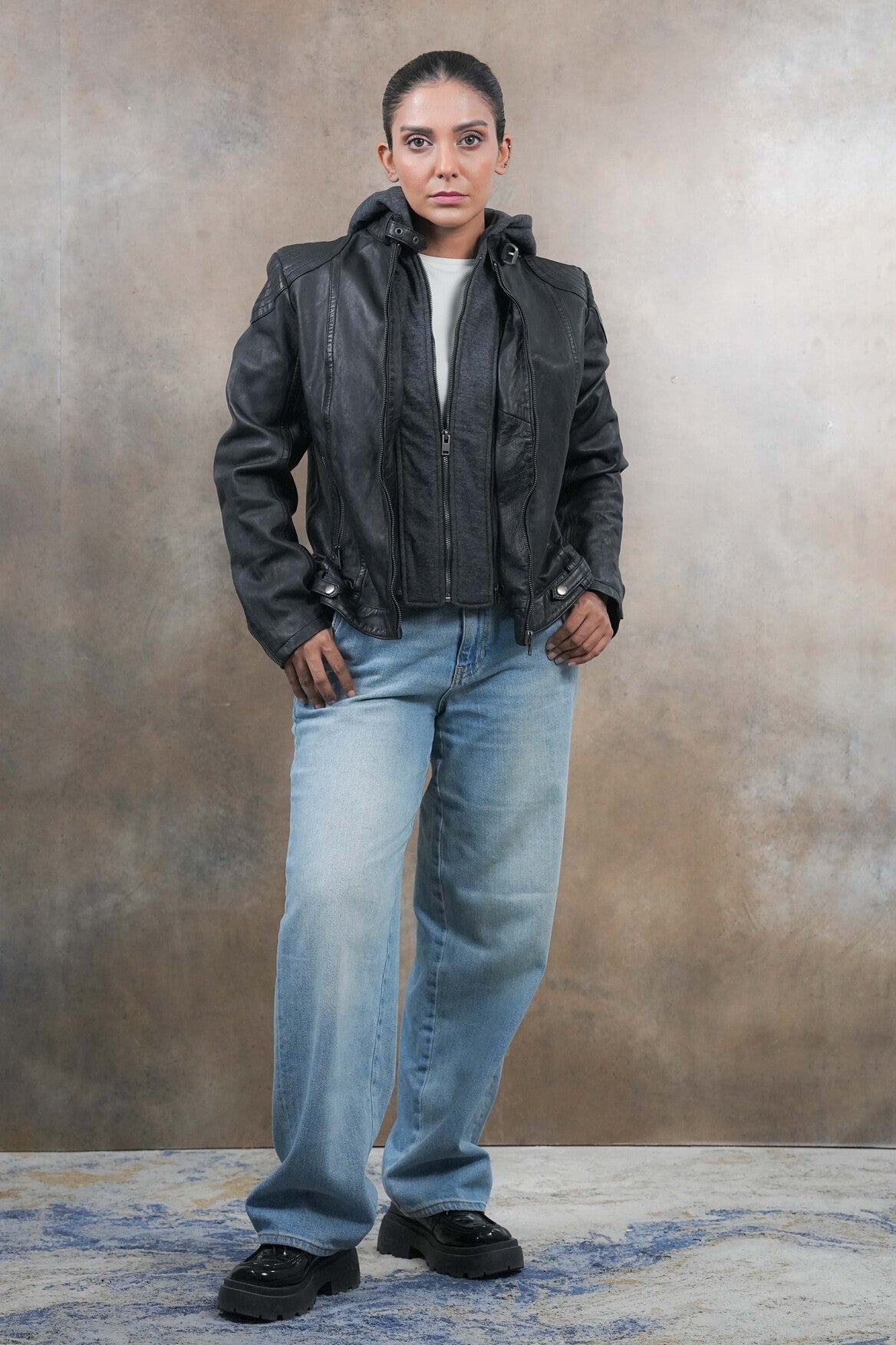 Dual Black Hooded Leather Jacket