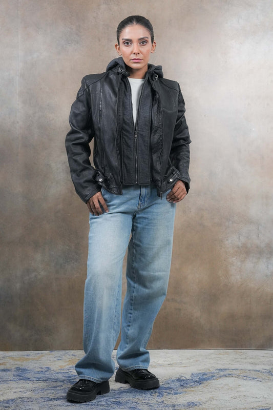 Dual Black Hooded Leather Jacket