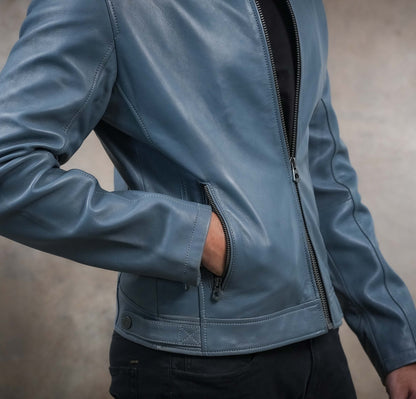 Steel Blue Leather Jacket