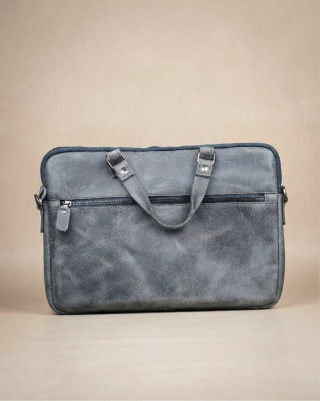 Blue-Grey Leather Laptop Bag
